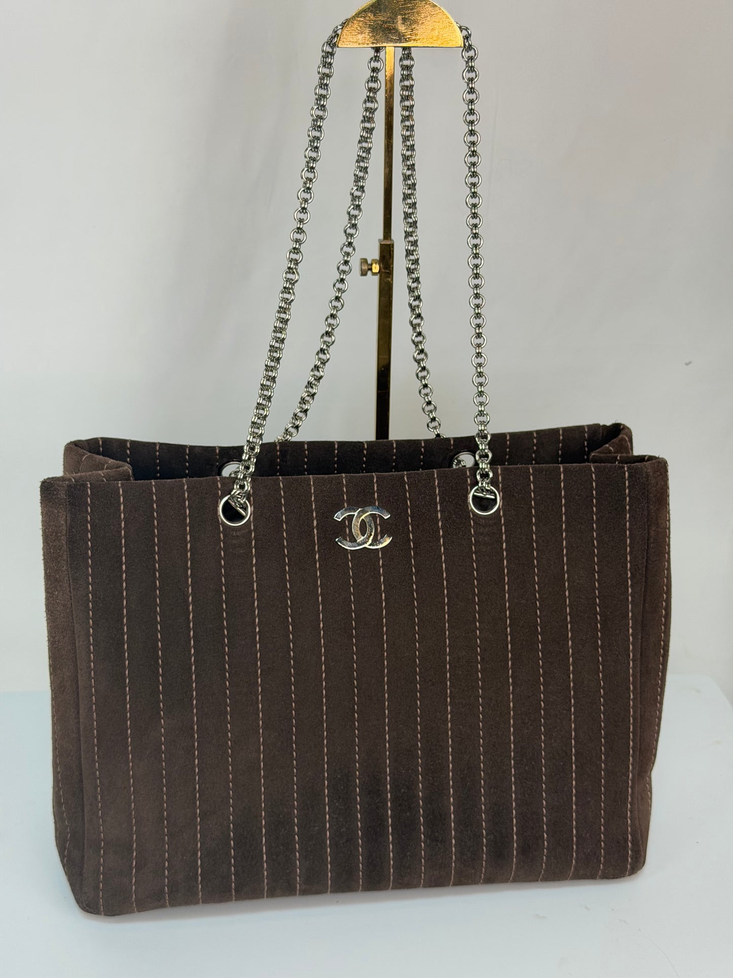 Chanel Brown Suede Mademoiselle Ligne Vertical Shopper Tote