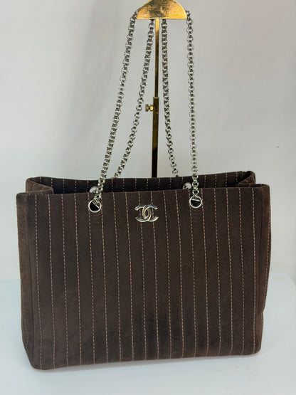 Chanel Brown Suede Mademoiselle Ligne Vertical Shopper Tote