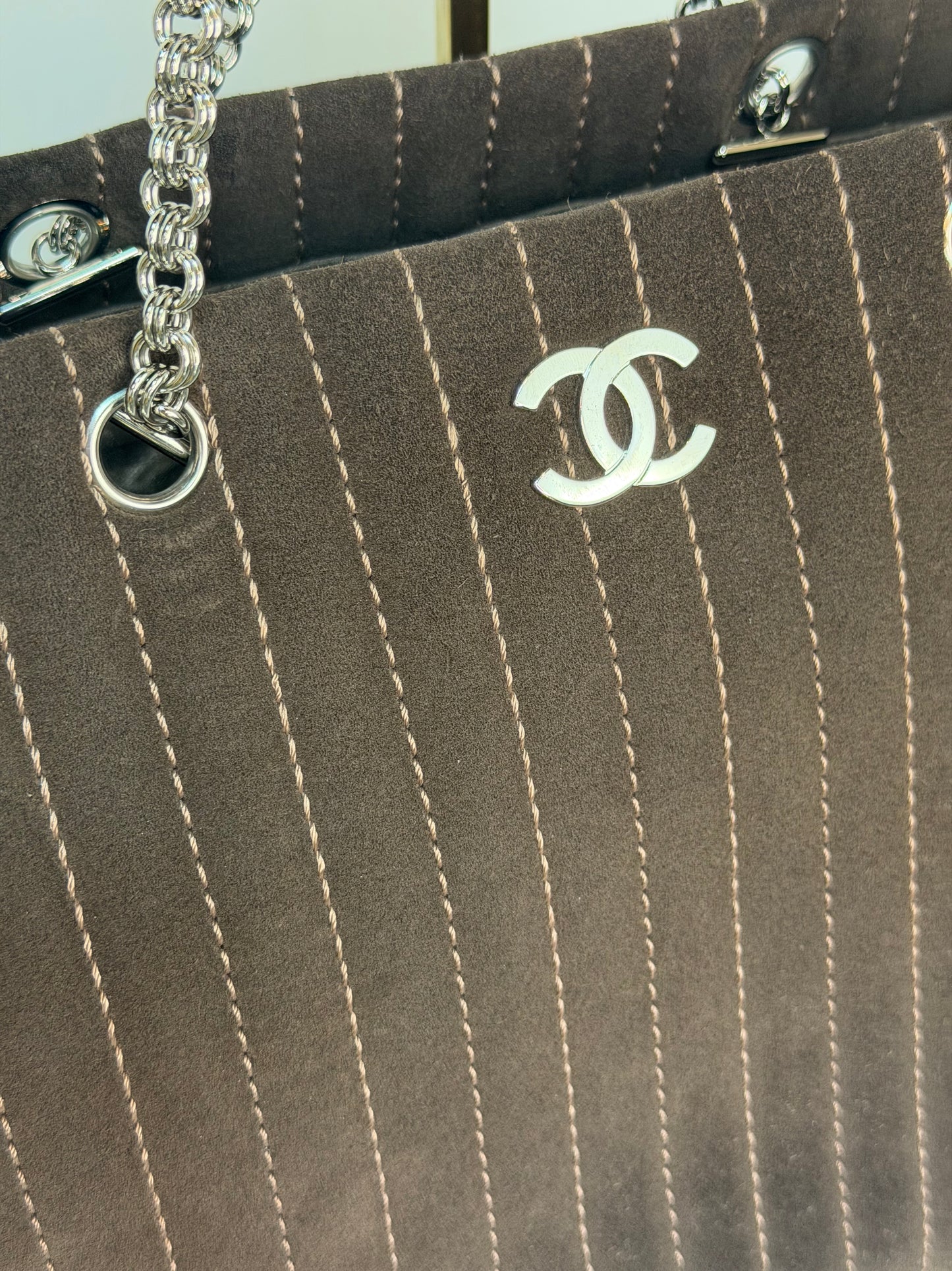 Chanel Brown Suede Mademoiselle Ligne Vertical Shopper Tote