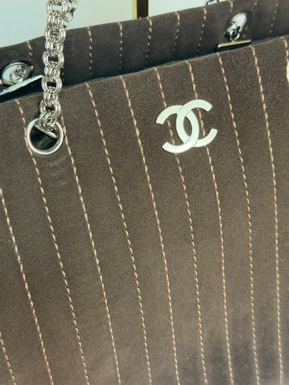 Chanel Brown Suede Mademoiselle Ligne Vertical Shopper Tote