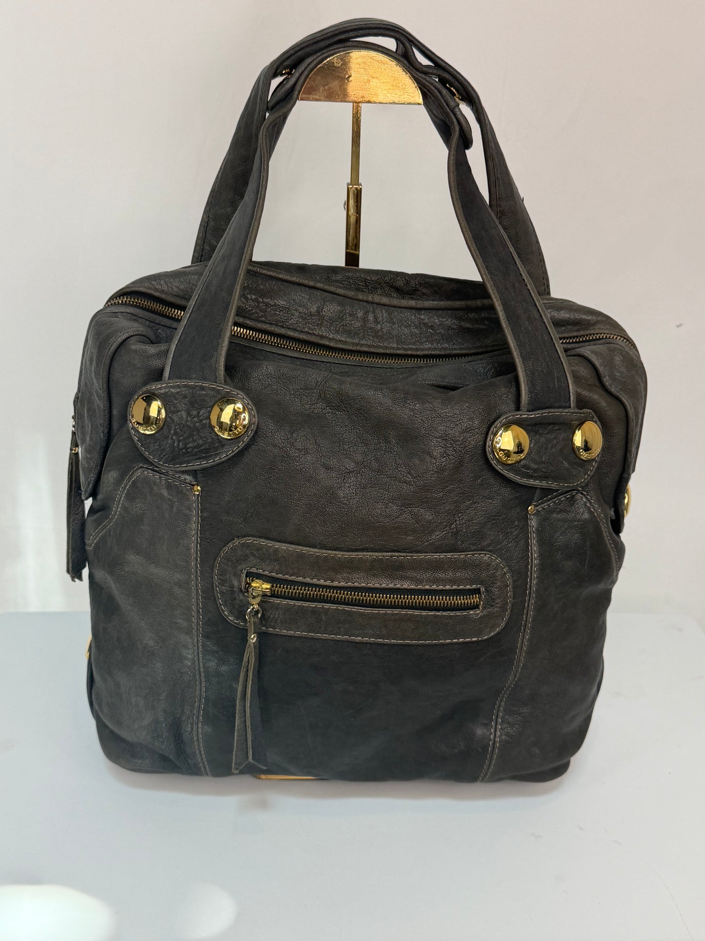 Gustto Dark Green/Grey Slouchy Shoulder Bag w/ Gold Hardware