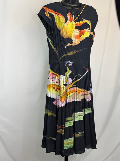 Jason Wu Black w Multicolor Print Cap Sleeve Cinched Waist Pleated Midi Dress