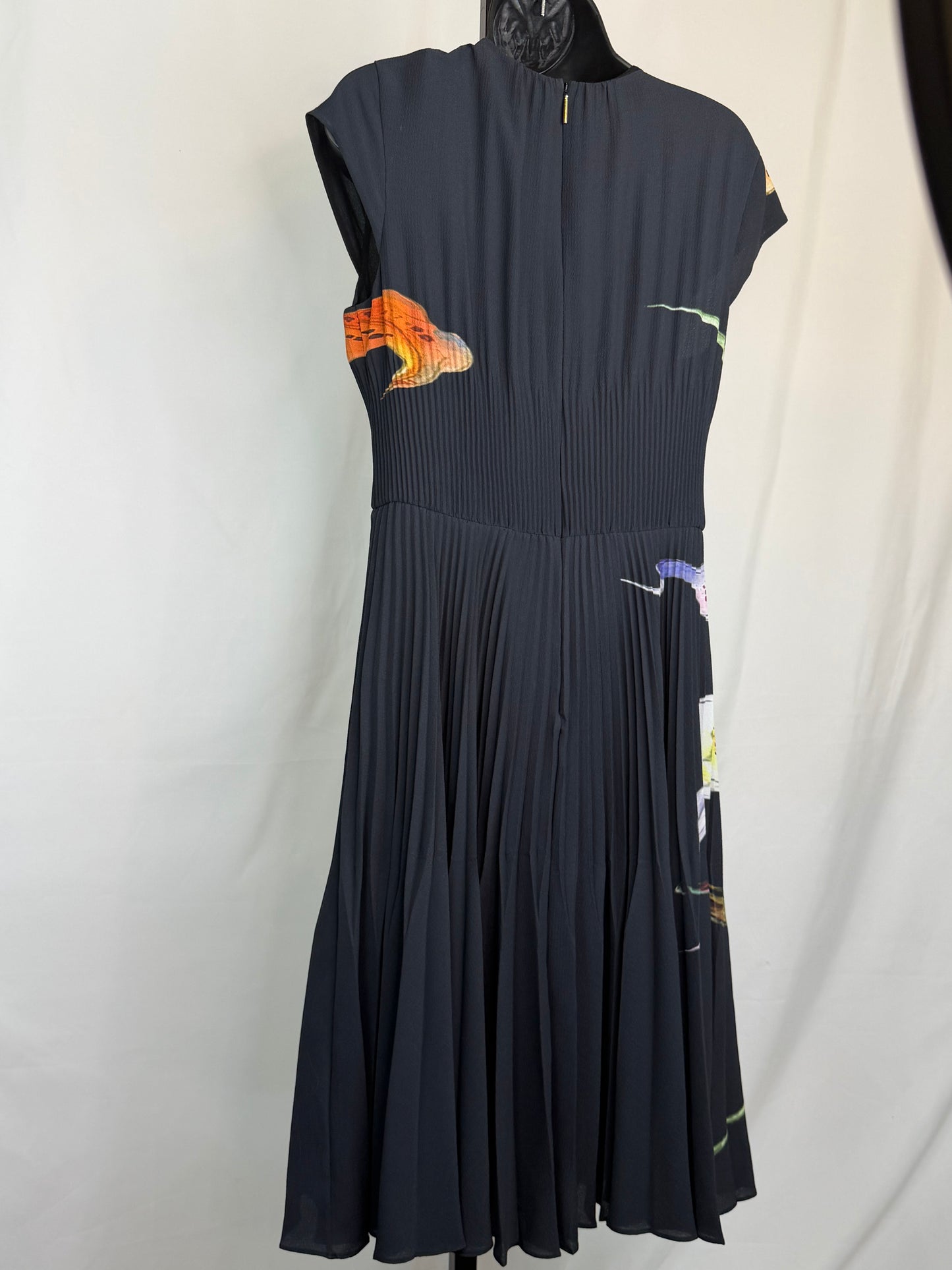 Jason Wu Black w Multicolor Print Cap Sleeve Cinched Waist Pleated Midi Dress