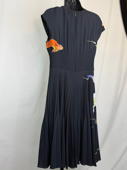 Jason Wu Black w Multicolor Print Cap Sleeve Cinched Waist Pleated Midi Dress