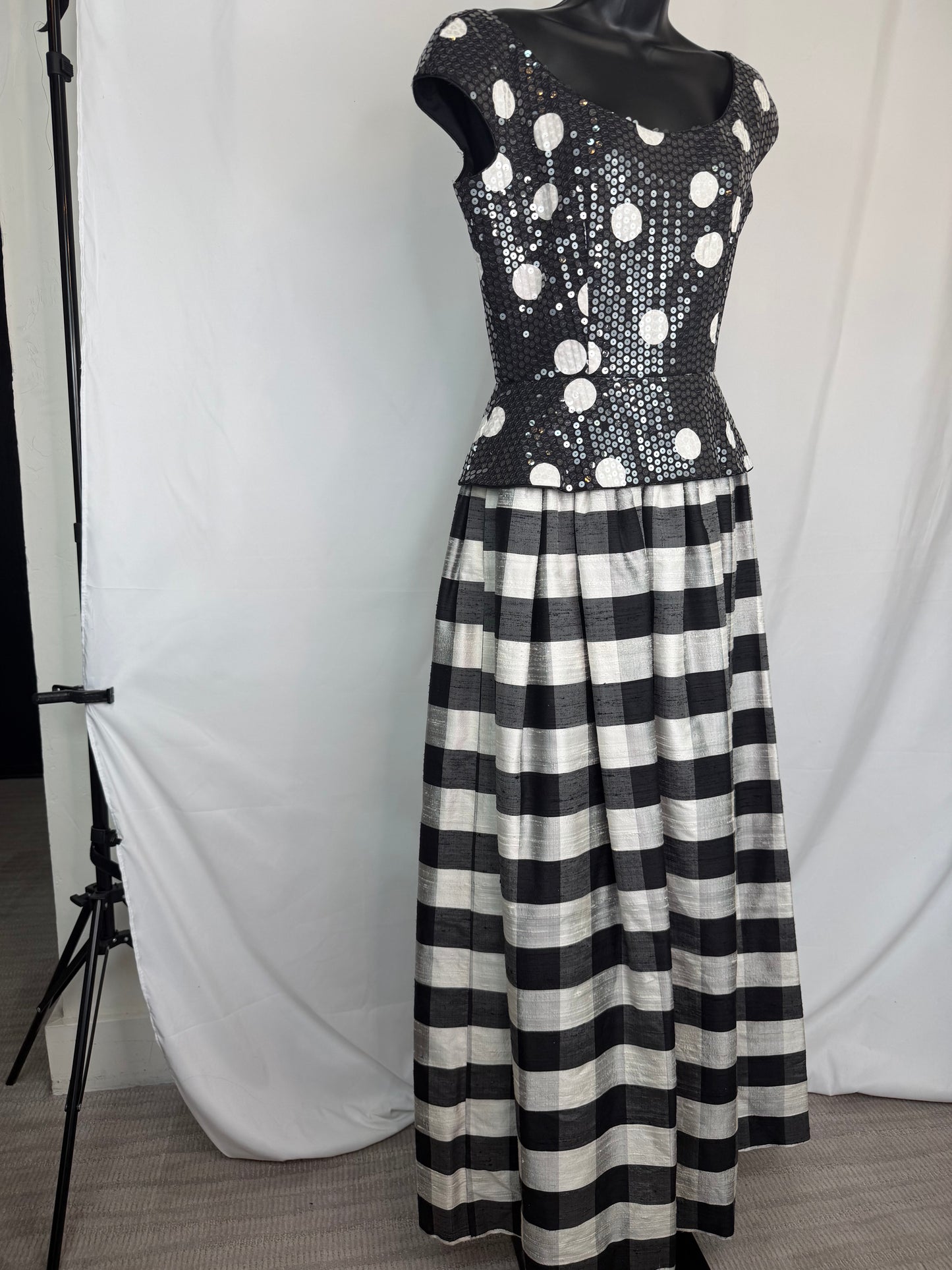 Saks Fifth Avenue Black & White Sequin Polka Dot Bodice Plaid Skirt Gown