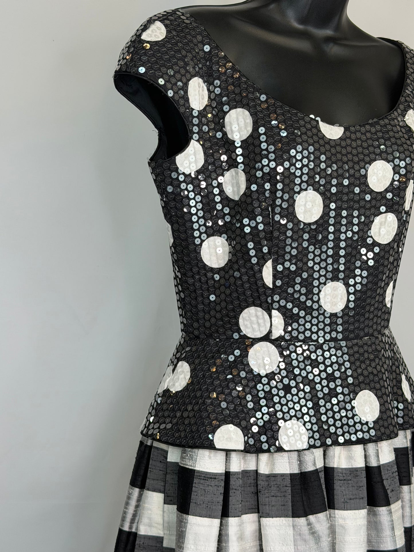 Saks Fifth Avenue Black & White Sequin Polka Dot Bodice Plaid Skirt Gown