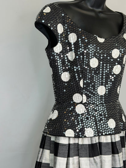 Saks Fifth Avenue Black & White Sequin Polka Dot Bodice Plaid Skirt Gown