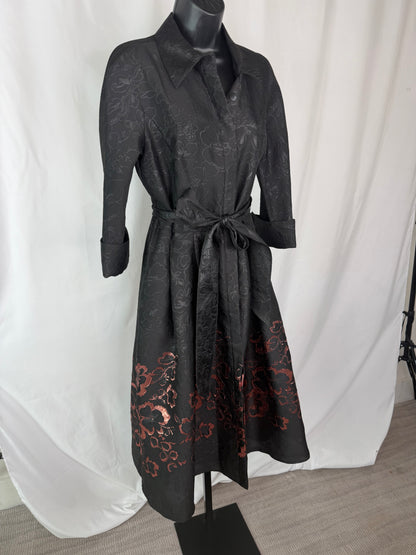 Teri Jon Black Floral Embossed 3/4 Sleeve Button Up Flare Midi Dress w Rose Gold Floral Hem