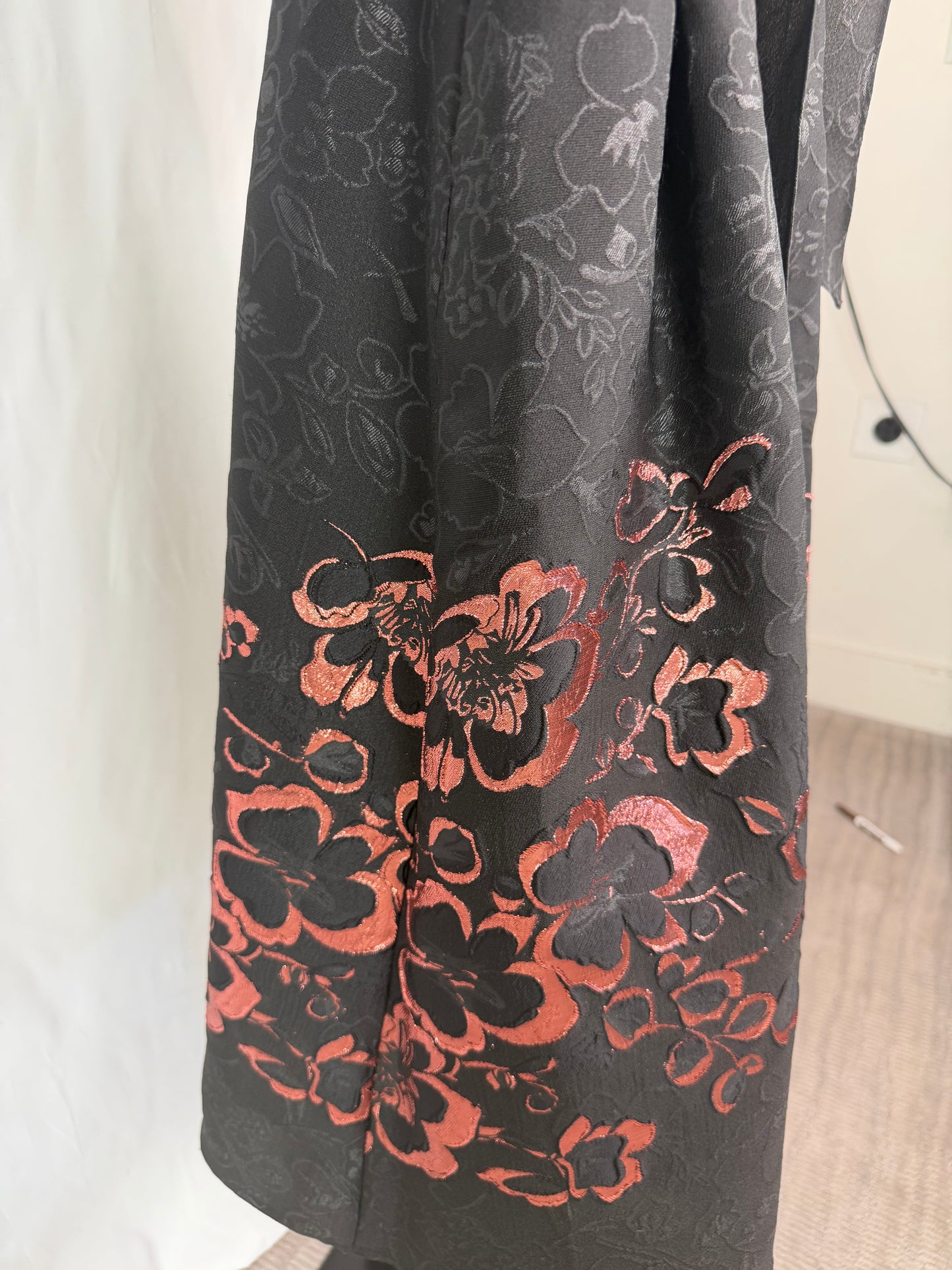 Teri Jon Black Floral Embossed 3/4 Sleeve Button Up Flare Midi Dress w Rose Gold Floral Hem