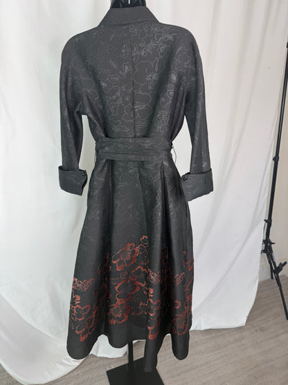 Teri Jon Black Floral Embossed 3/4 Sleeve Button Up Flare Midi Dress w Rose Gold Floral Hem