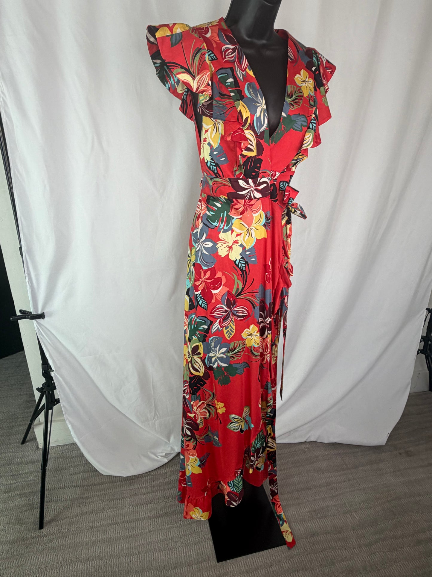 Alexis Red Multi Floral Cap Ruffle Sleeve V-Neck Wrap Maxi Dress w Ruffles