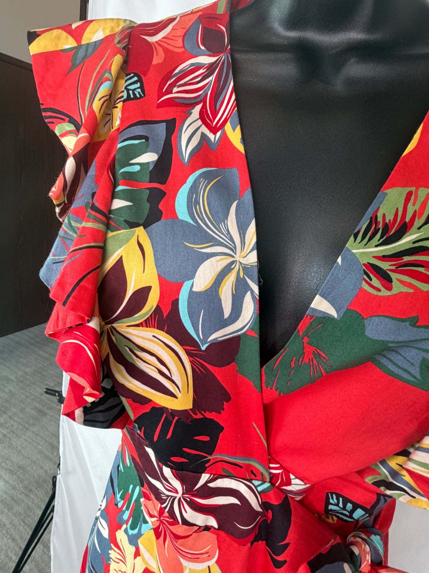 Alexis Red Multi Floral Cap Ruffle Sleeve V-Neck Wrap Maxi Dress w Ruffles