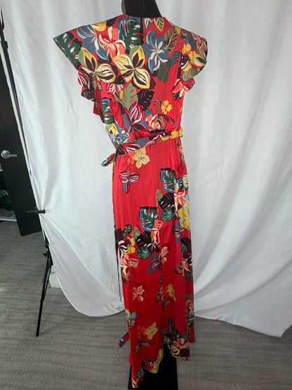 Alexis Red Multi Floral Cap Ruffle Sleeve V-Neck Wrap Maxi Dress w Ruffles
