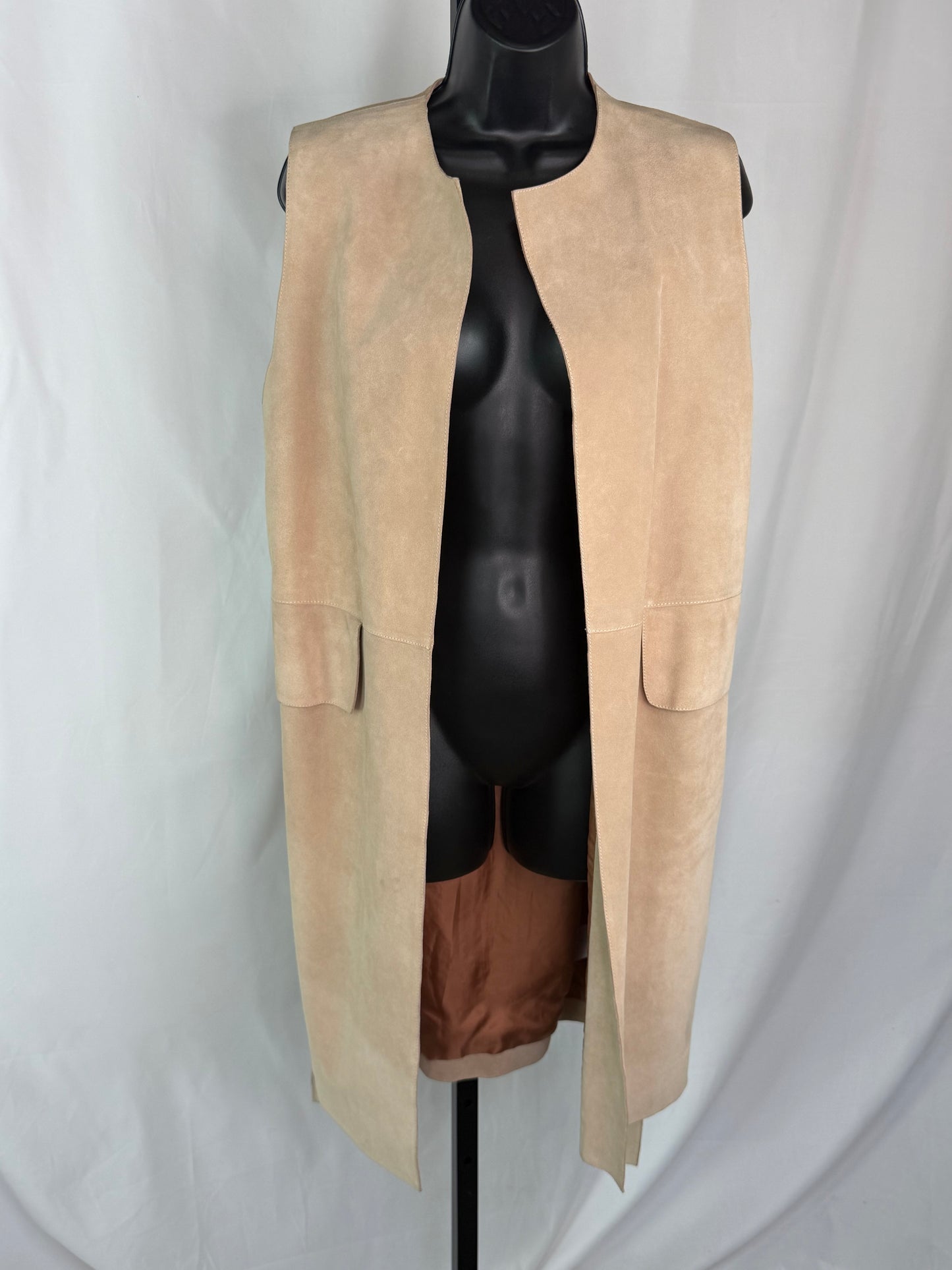 The Row Calfskin Suede Beige Open Face Full-Length Vest w Waist Tie