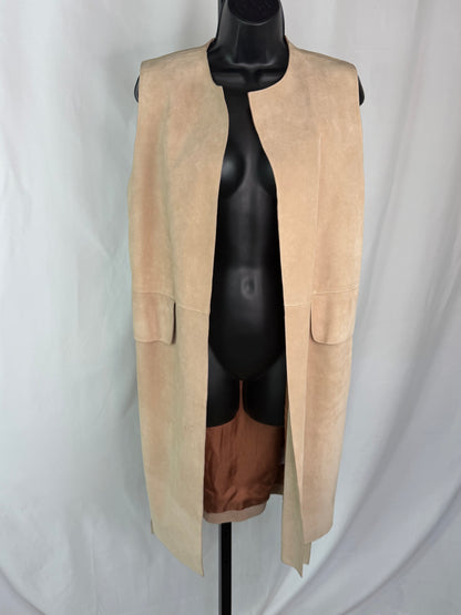 The Row Calfskin Suede Beige Open Face Full-Length Vest w Waist Tie