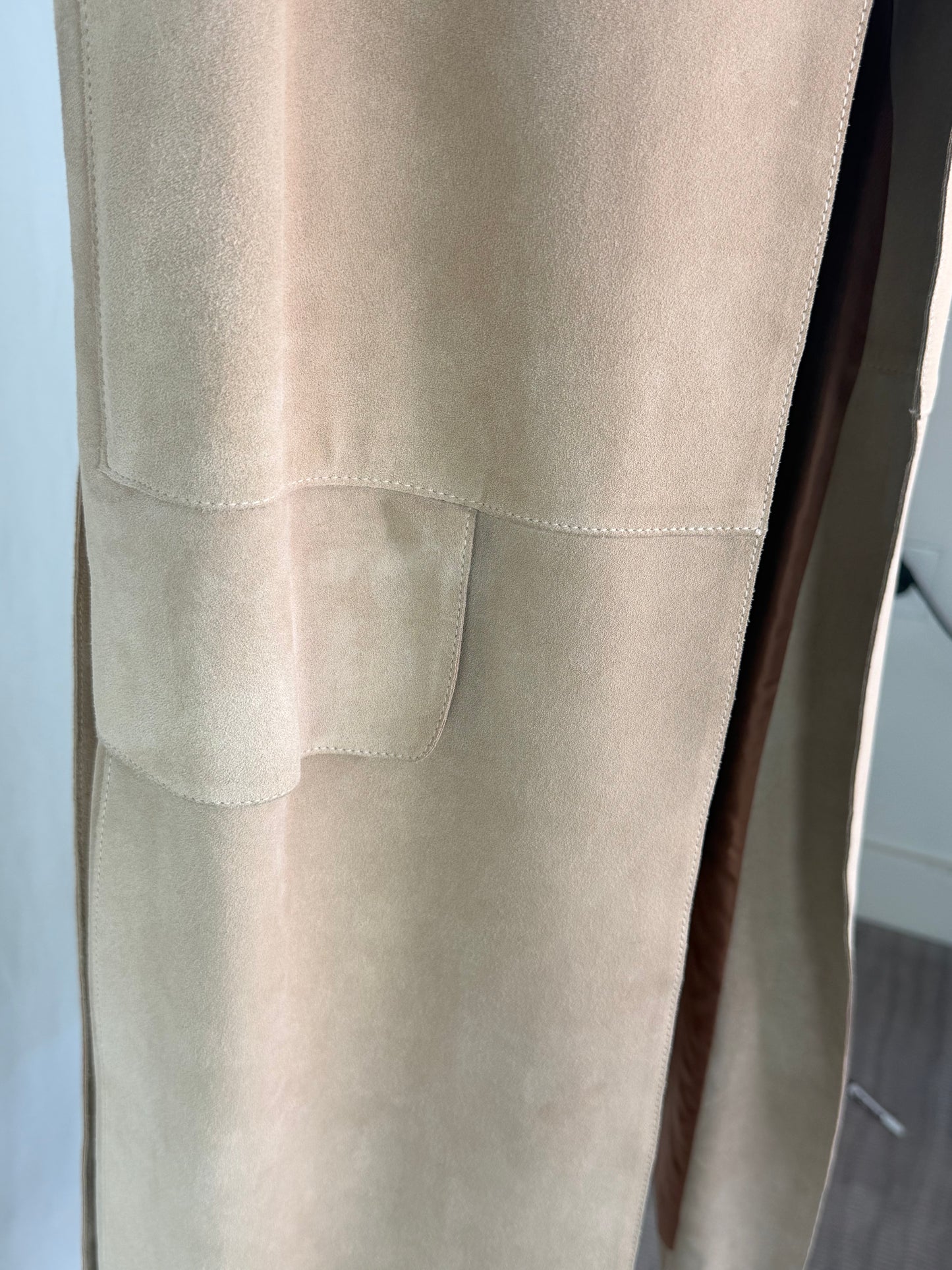 The Row Calfskin Suede Beige Open Face Full-Length Vest w Waist Tie
