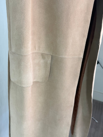The Row Calfskin Suede Beige Open Face Full-Length Vest w Waist Tie
