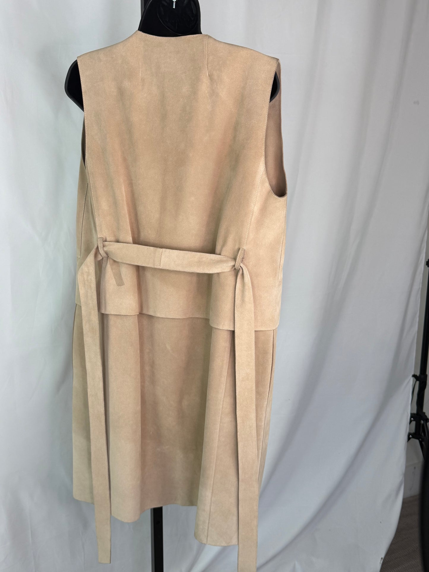 The Row Calfskin Suede Beige Open Face Full-Length Vest w Waist Tie