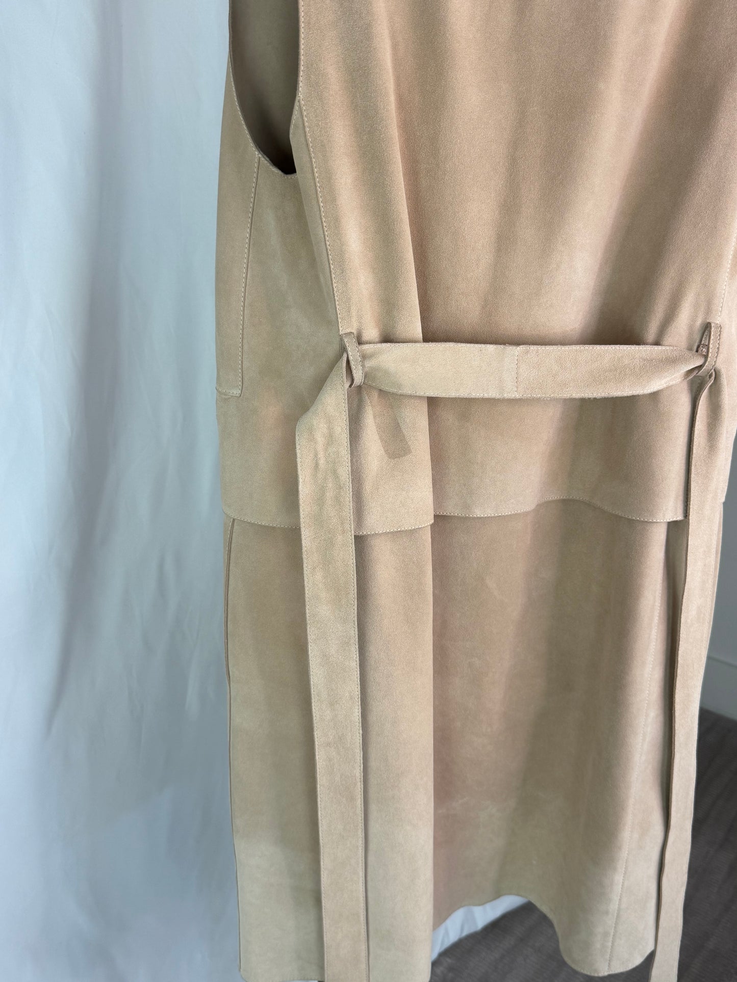 The Row Calfskin Suede Beige Open Face Full-Length Vest w Waist Tie