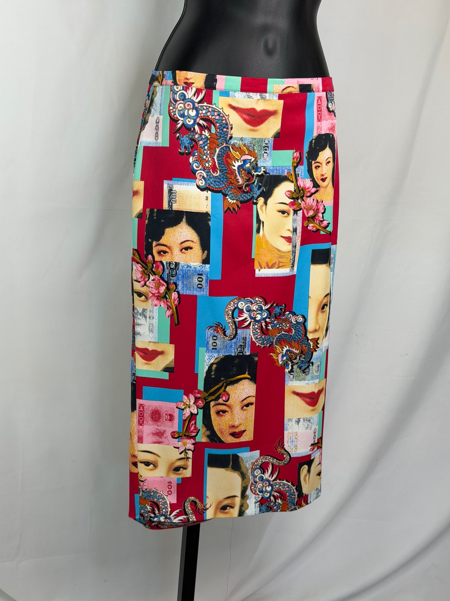Dolce & Gabbana Silk Red Multi Chinese Portrait & Icon Midi Pencil Skirt