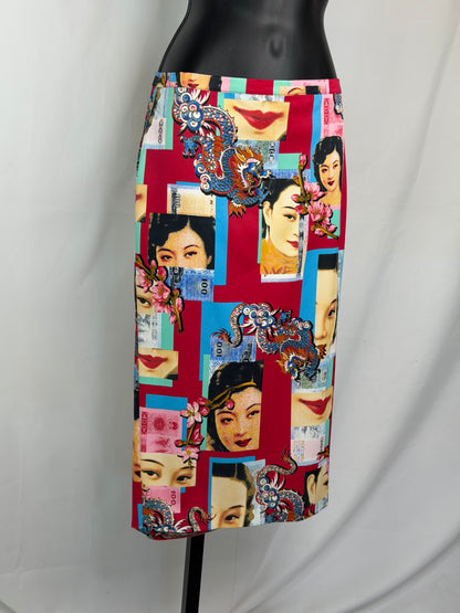 Dolce & Gabbana Silk Red Multi Chinese Portrait & Icon Midi Pencil Skirt
