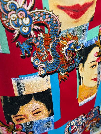 Dolce & Gabbana Silk Red Multi Chinese Portrait & Icon Midi Pencil Skirt