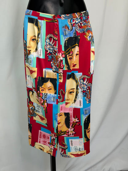 Dolce & Gabbana Silk Red Multi Chinese Portrait & Icon Midi Pencil Skirt