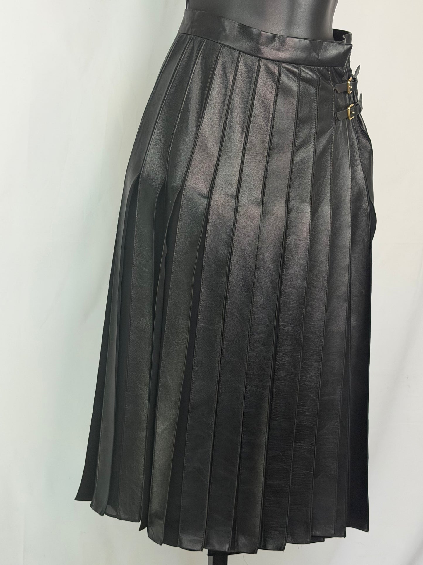 Ralph Lauren Collection Black Leather Pleated Midi Skirt w/ Size Buckle Details