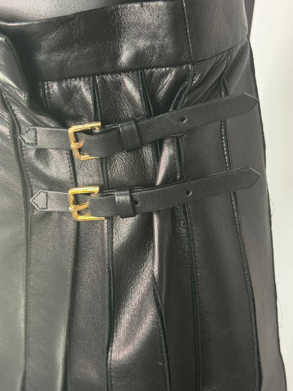 Ralph Lauren Collection Black Leather Pleated Midi Skirt w/ Size Buckle Details