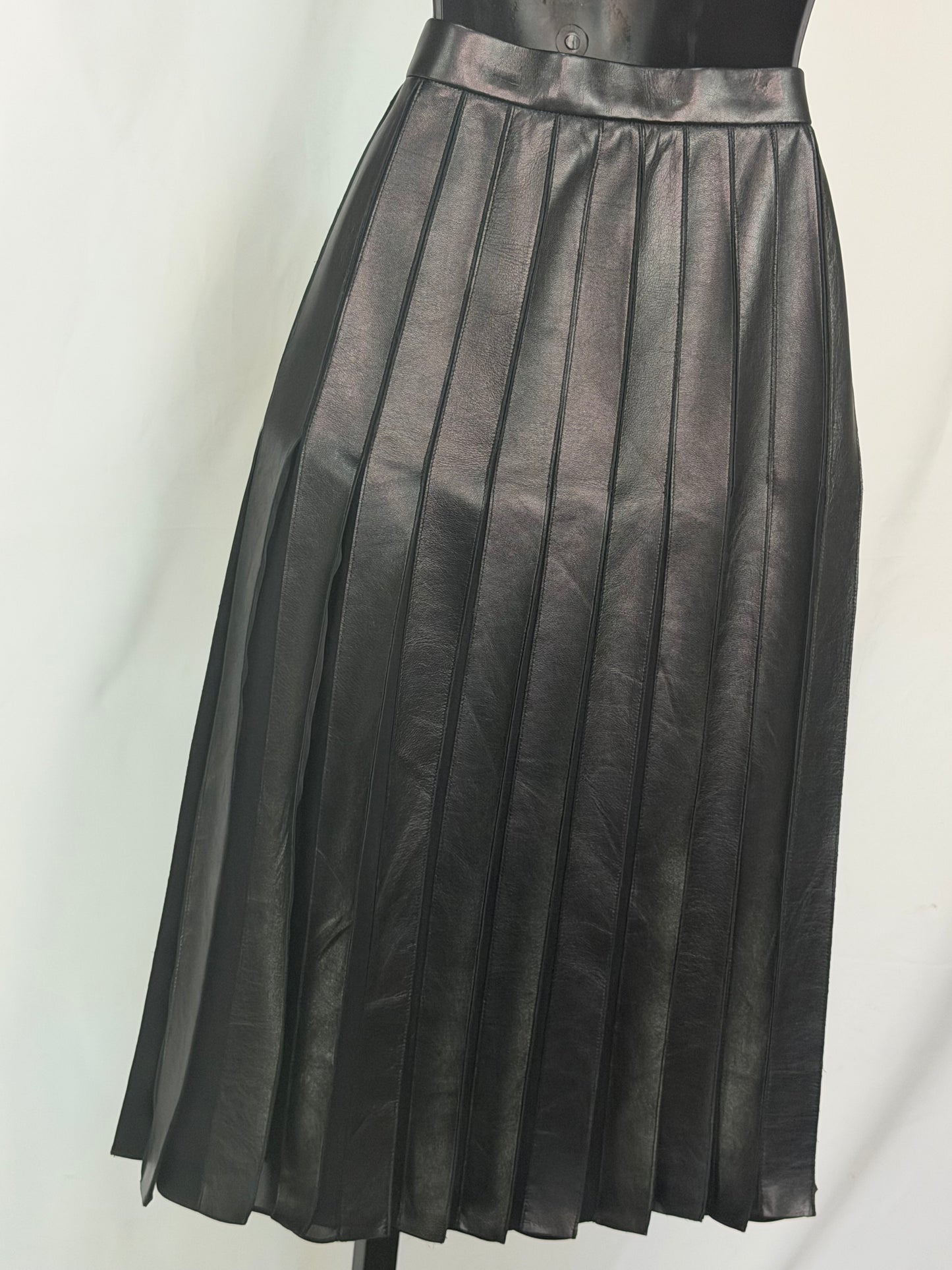 Ralph Lauren Collection Black Leather Pleated Midi Skirt w/ Size Buckle Details