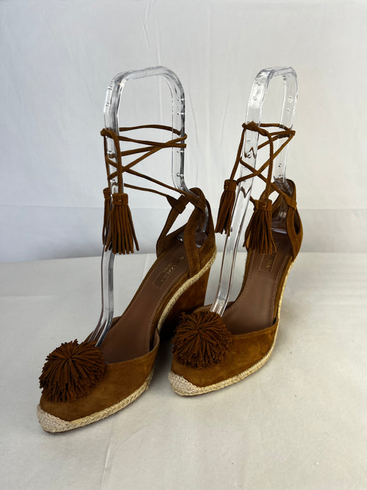 Aquazzura Brown Closed Toe Wedge Heels w/ Pom Pom Toes