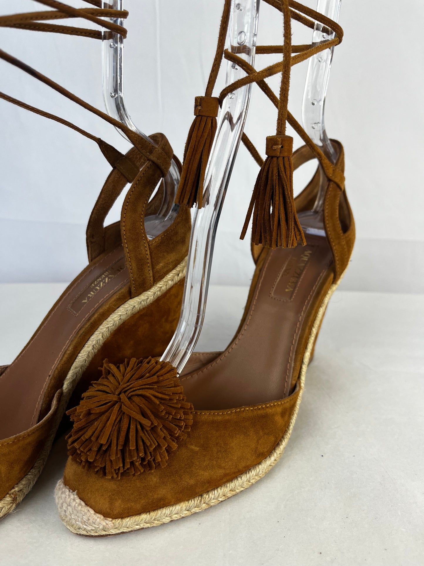 Aquazzura Brown Closed Toe Wedge Heels w/ Pom Pom Toes