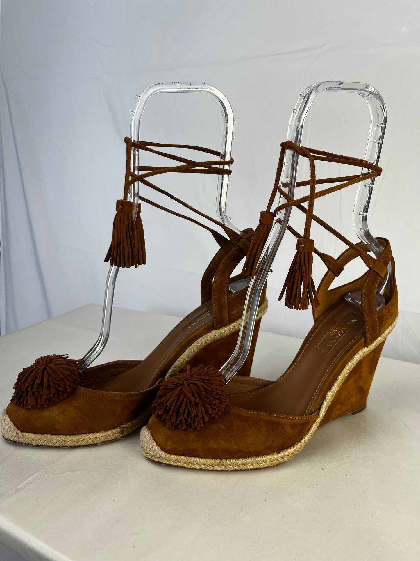 Aquazzura Brown Closed Toe Wedge Heels w/ Pom Pom Toes