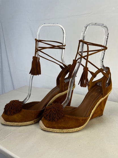 Aquazzura Brown Closed Toe Wedge Heels w/ Pom Pom Toes
