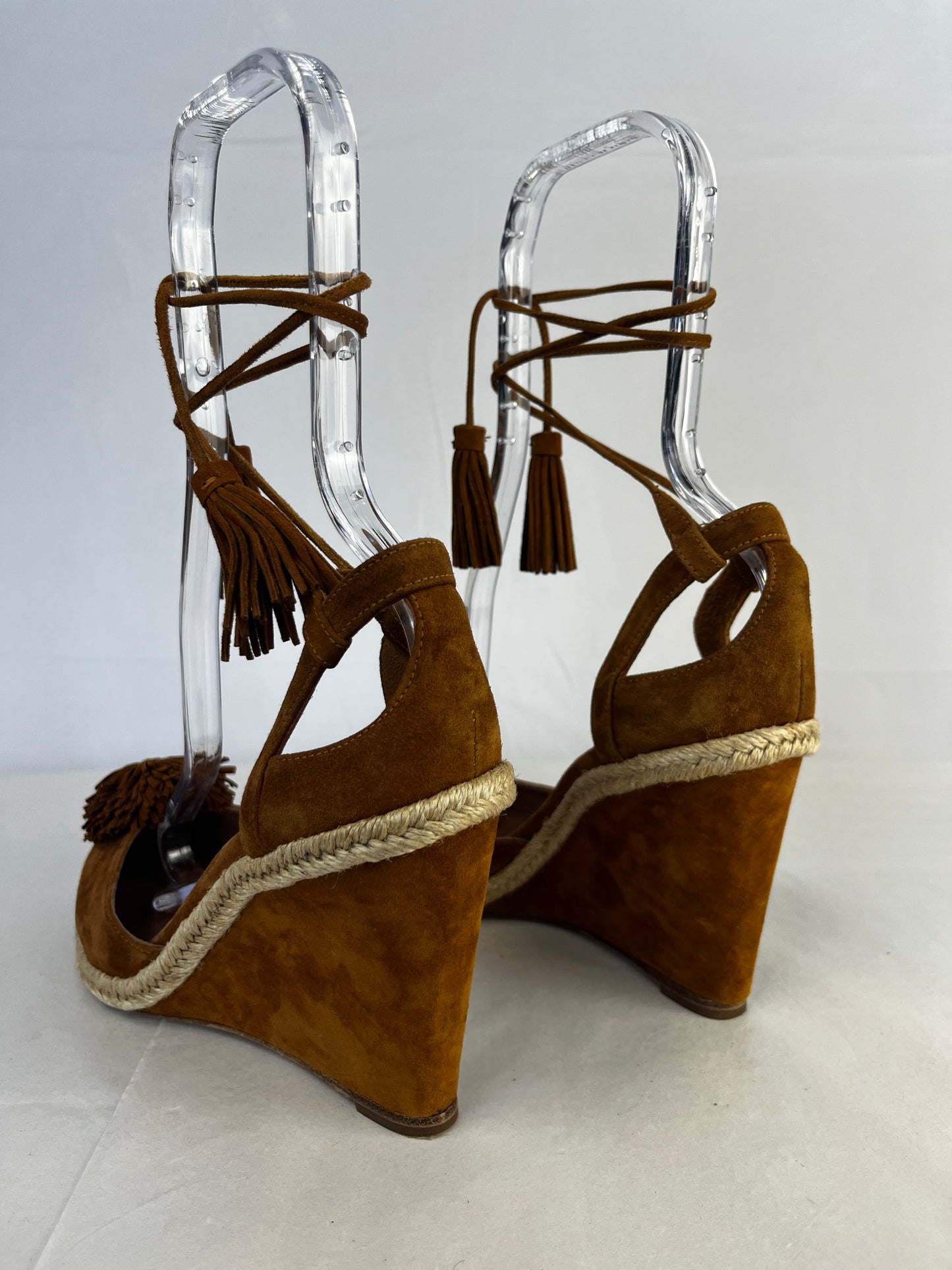 Aquazzura Brown Closed Toe Wedge Heels w/ Pom Pom Toes