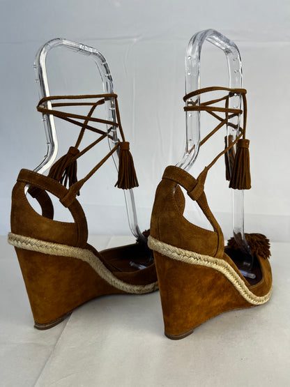 Aquazzura Brown Closed Toe Wedge Heels w/ Pom Pom Toes