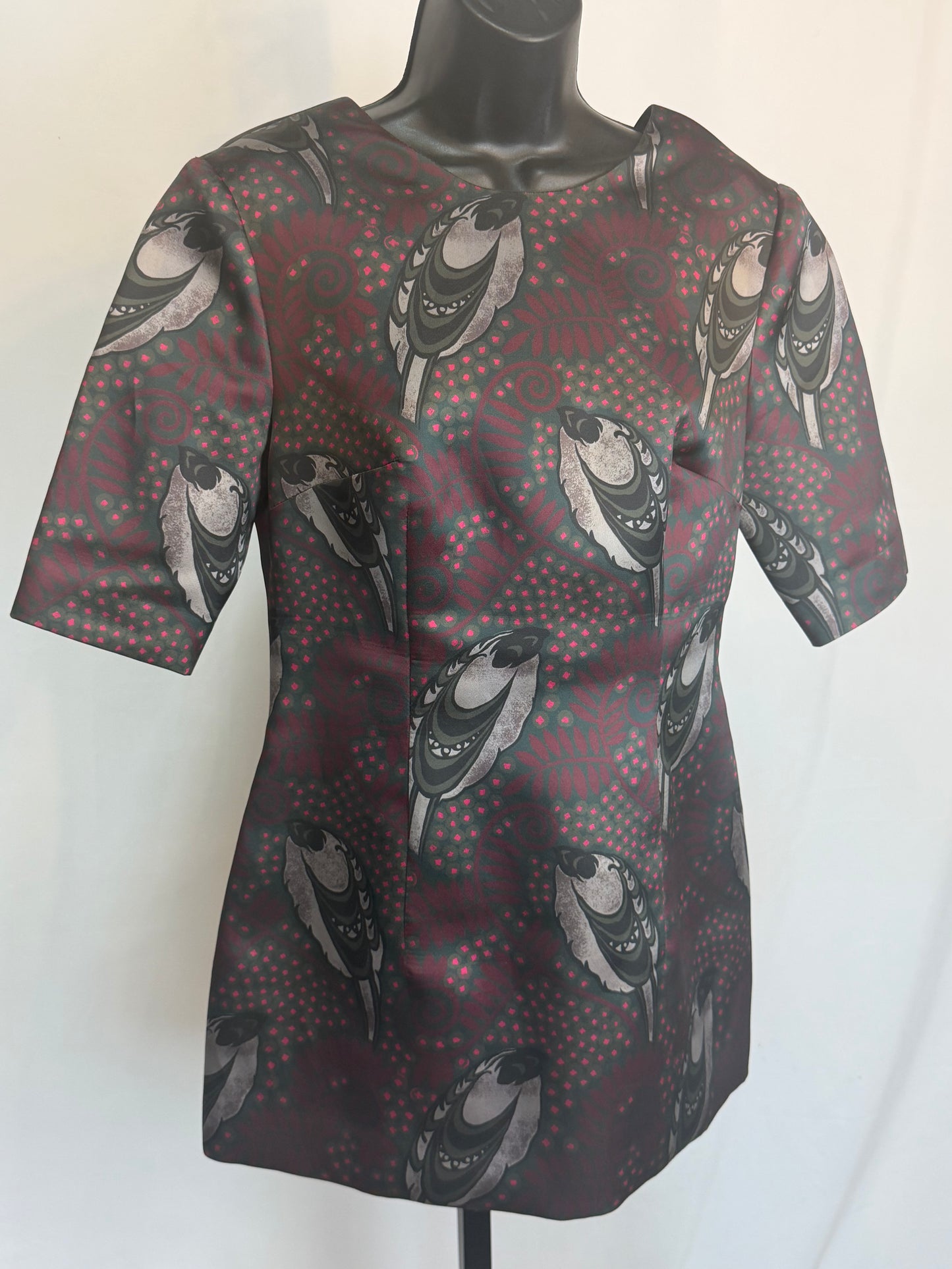 Lyn Devon Silk Maroon Leaf & Ostrich Feather Detail Half Sleeve Crew Neck Top