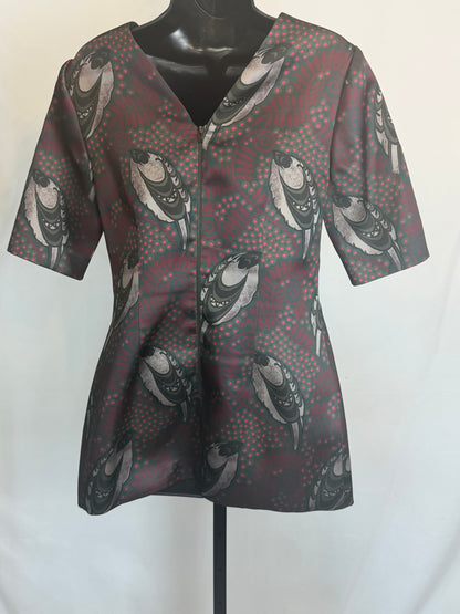 Lyn Devon Silk Maroon Leaf & Ostrich Feather Detail Half Sleeve Crew Neck Top