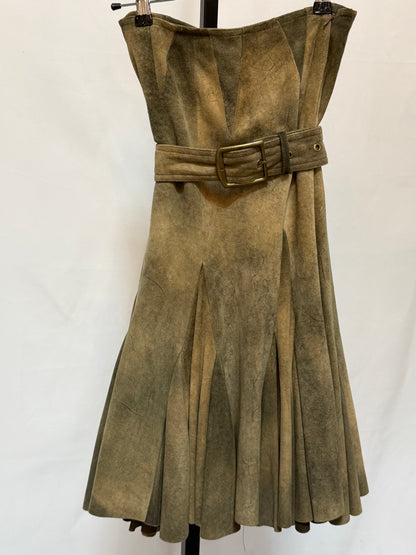 John Galliano Leather Multi Green Distressed Drop Waist Belted Midi Skirt