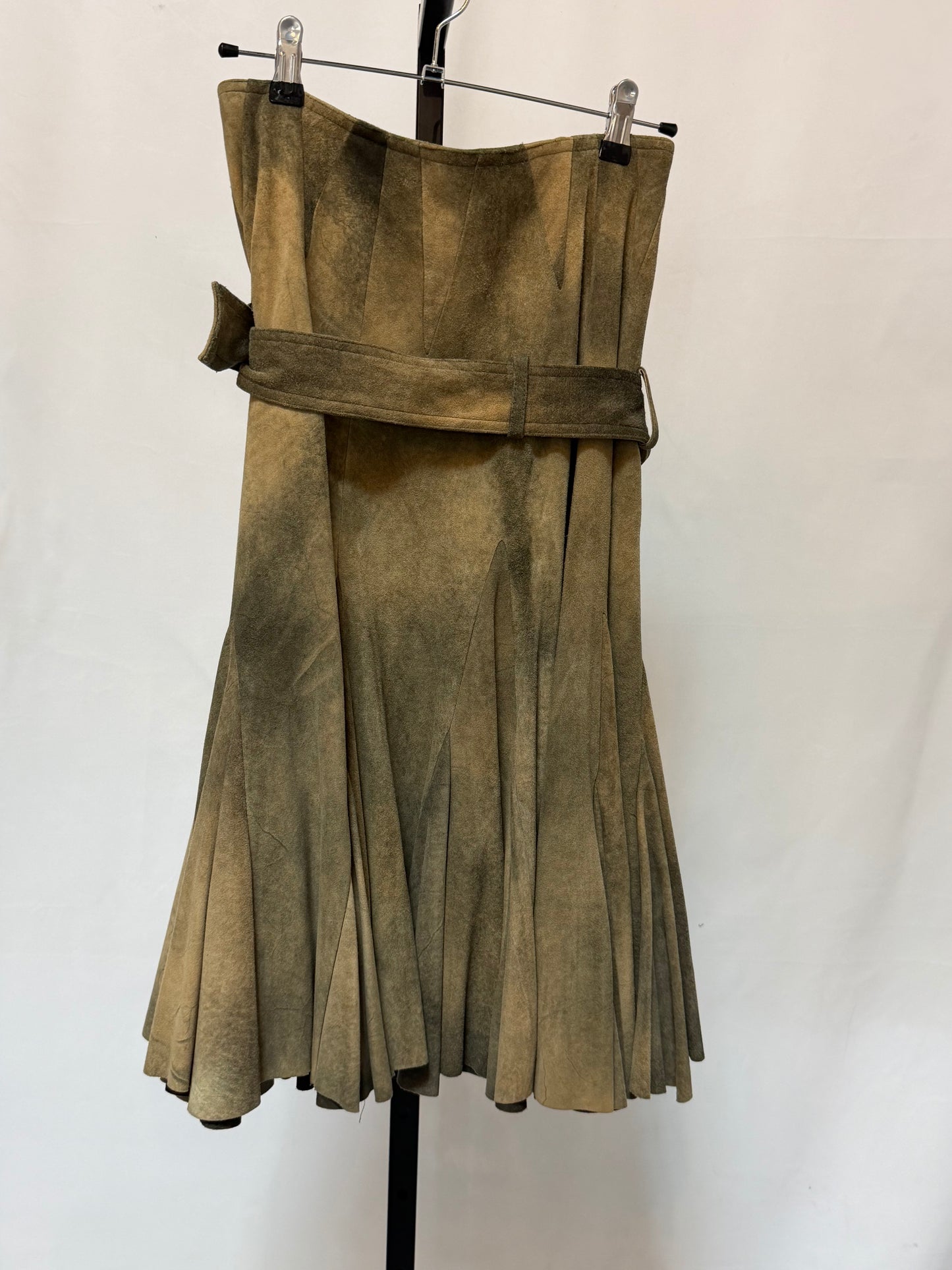 John Galliano Leather Multi Green Distressed Drop Waist Belted Midi Skirt