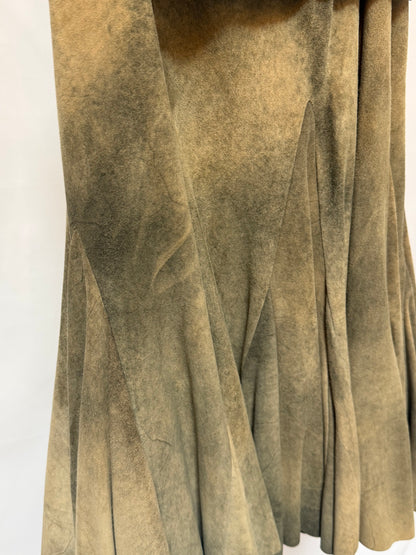 John Galliano Leather Multi Green Distressed Drop Waist Belted Midi Skirt