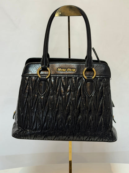 Miu Miu Black Leather Quilted Ruching Gold Tone Top Handle/Crossbody Bag