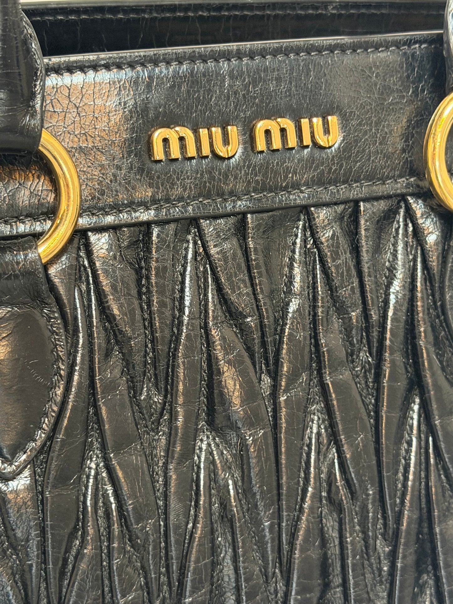 Miu Miu Black Leather Quilted Ruching Gold Tone Top Handle/Crossbody Bag