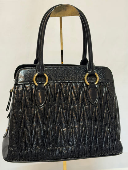 Miu Miu Black Leather Quilted Ruching Gold Tone Top Handle/Crossbody Bag
