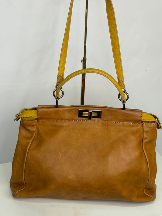 Fendi Leather Camel Mustard Brown Strap Peekaboo Twist Lock Tote Bag