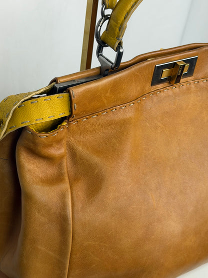 Fendi Leather Camel Mustard Strap Peekaboo Twist Lock Tote Bag