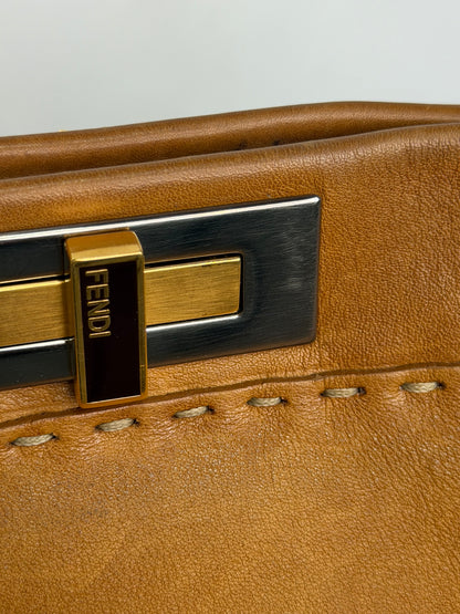 Fendi Leather Camel Mustard Strap Peekaboo Twist Lock Tote Bag