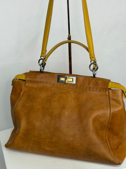 Fendi Leather Camel Mustard Strap Peekaboo Twist Lock Tote Bag