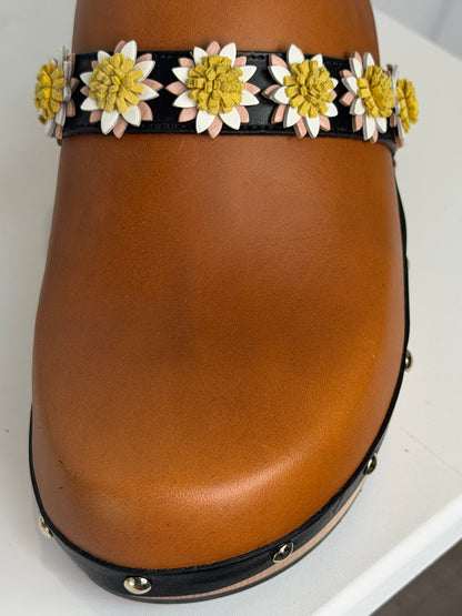 Fabrizio Viti Leather Brown Black Trim Daisy Clogs w Wood Base