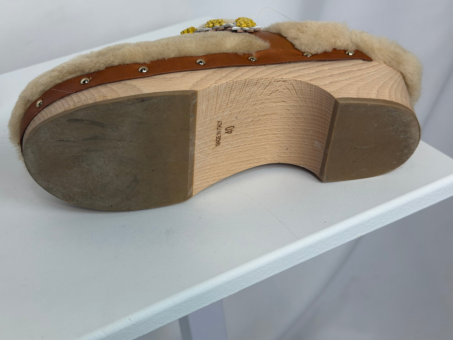 Fabrizio Viti Beige Shearling Daisy Clogs w Wood Base